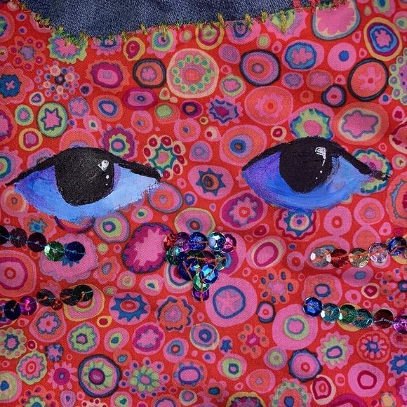 Womens Medium Upcycled Buffalo David Britton Stretch Denim Boho Jacket W/ Cat - Picture 11 of 14